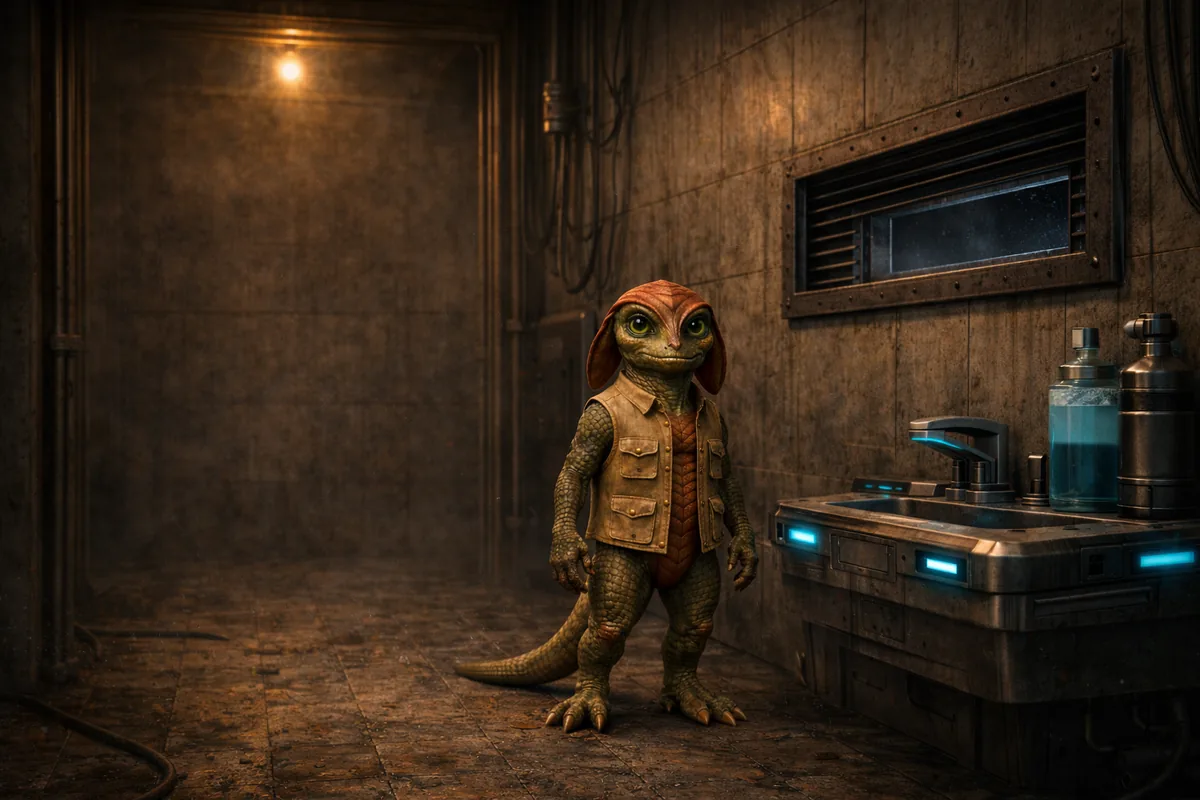 A small scaled Annil in a work vest stands alone in a grimy maintenance room, a bioluminescent sink glowing at his side.