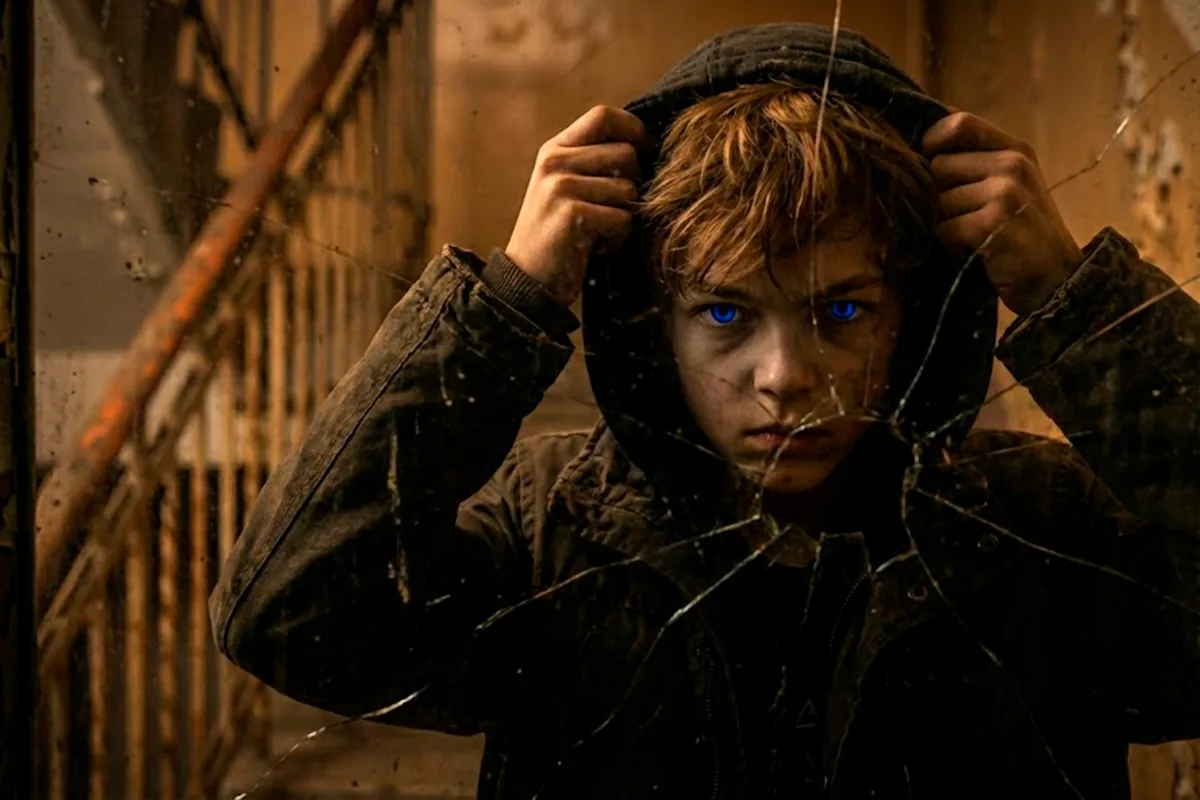 A blue-eyed, hooded boy stares through a shattered pane of glass in a decaying stairwell.