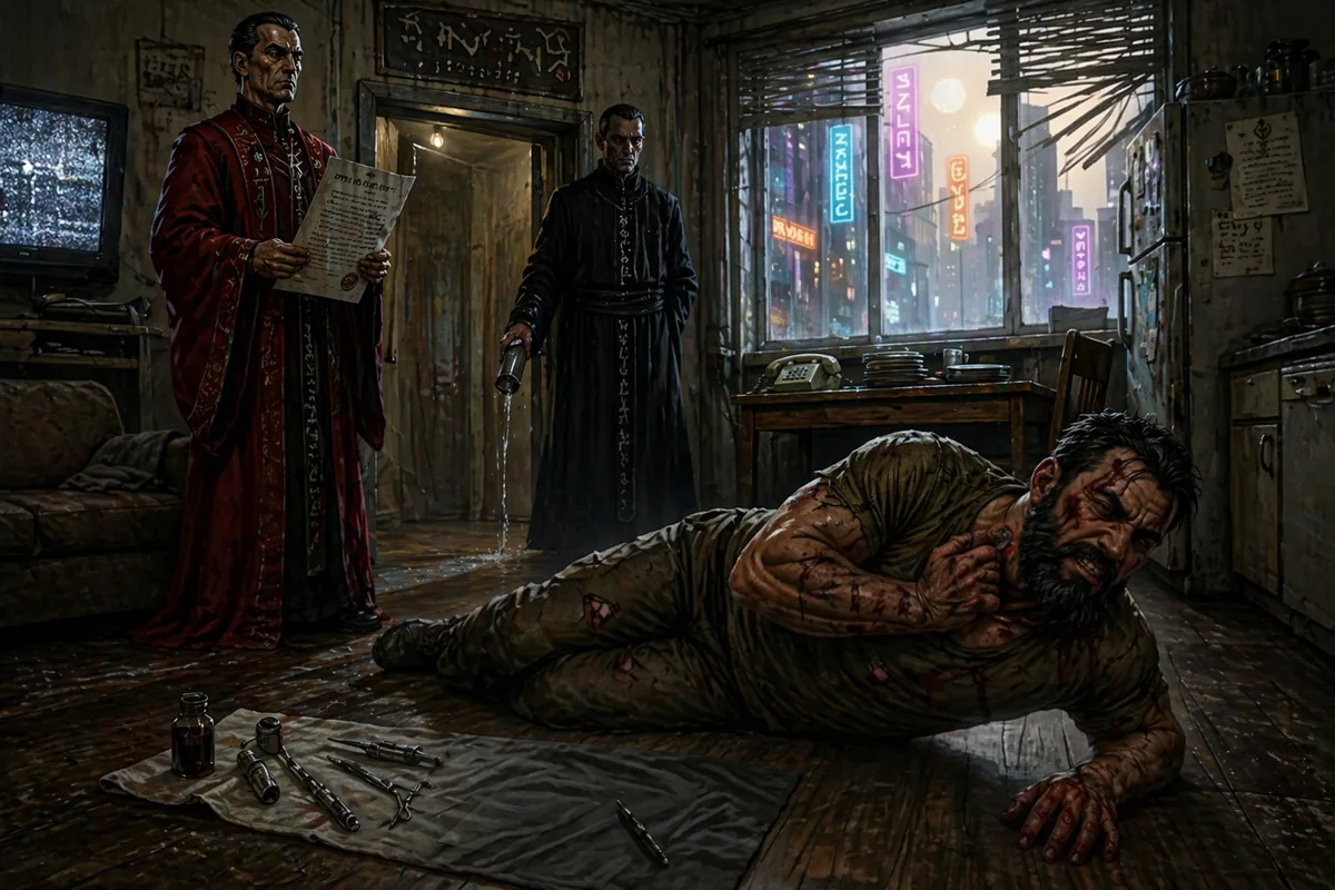 Two robed figures, one in red and one in black, stand over a bound, beaten man on the floor of a dim apartment.