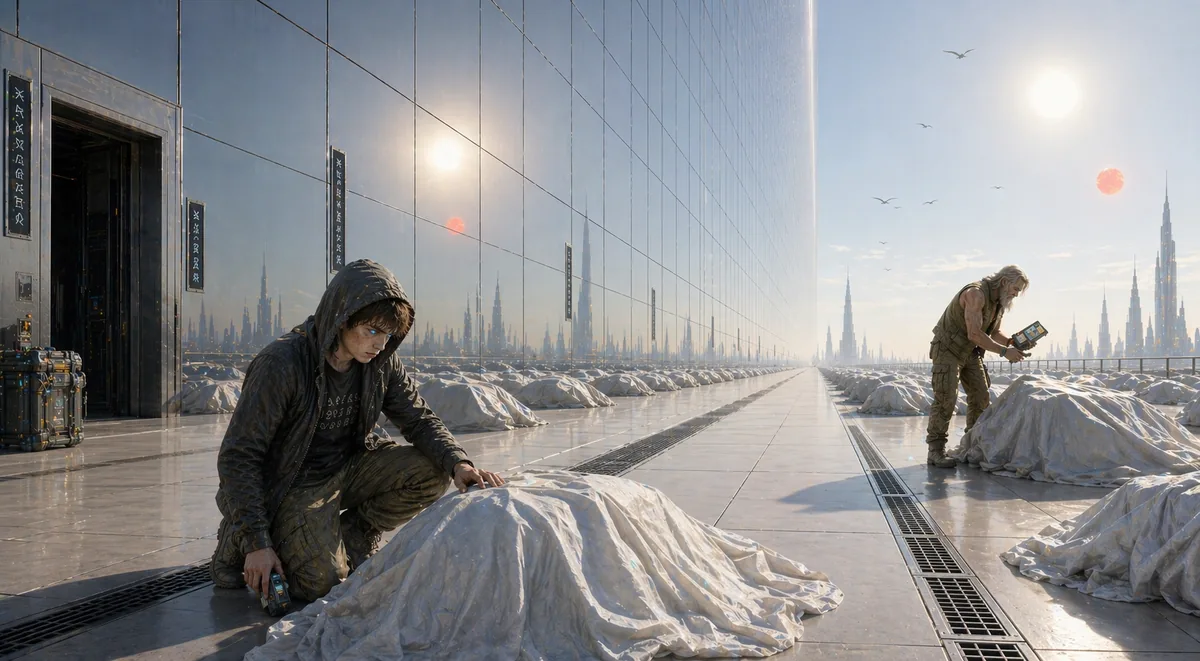 A hooded young person crouches over a shrouded body on a vast terrace, long rows of covered forms receding under a hazy twin-sun sky.