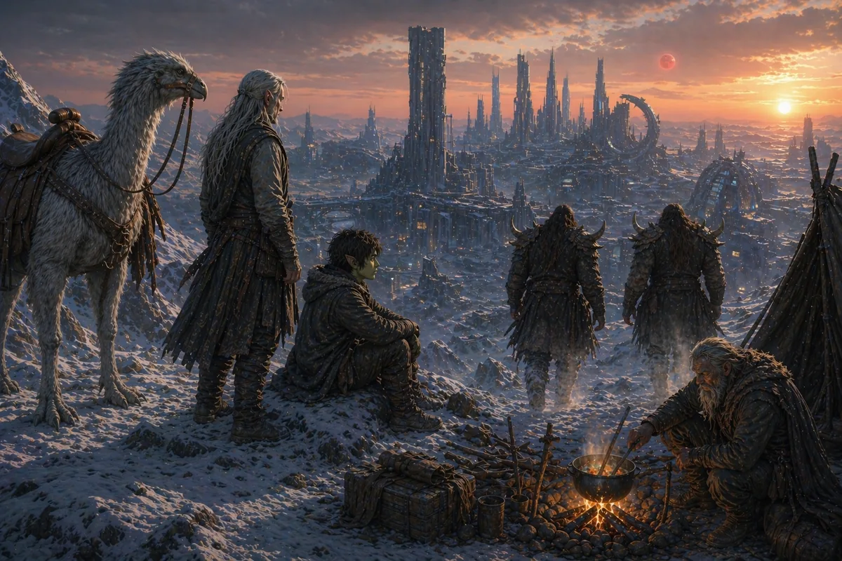 Five travellers camp around a small fire in deep snow, a ruined spired city glowing on the horizon as two suns set.