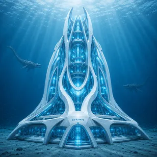 The Flame Tower: a flame-shaped ISEMH node of branching ribs and twin horn-tips in bright water.