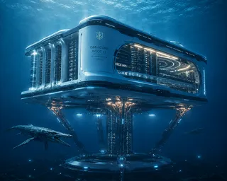 The Glass Ark: a flagship ISEMH node, its long curved glass gallery glowing warm over a cold seabed.