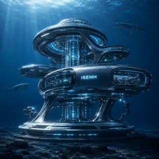 The Lobed Tower: a polished ISEMH node of stacked discs and looping pod-arms in sunlit water.