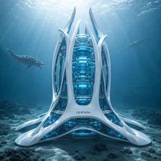The Ribcage Core: an ISEMH node whose pale rib-spars cage a glowing core in bright water.