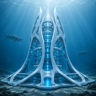 The Spire Cathedral: an ornate ISEMH spire braced by rib-buttresses, a beam anchoring it to the seabed.