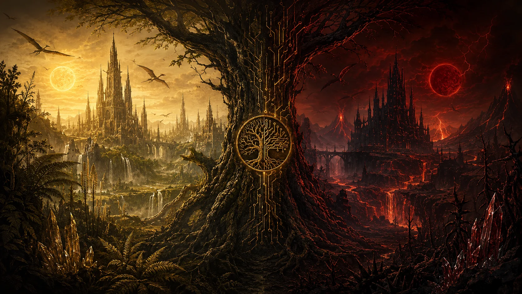 The world of Elshore: a luminous gold spire-city and a chaos-wracked red citadel divided by a great world-tree