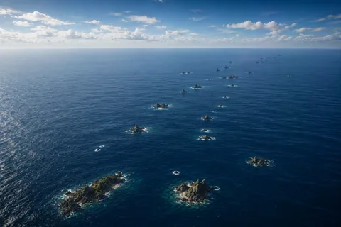 The Scattered Islands, rock islets strung across open ocean.