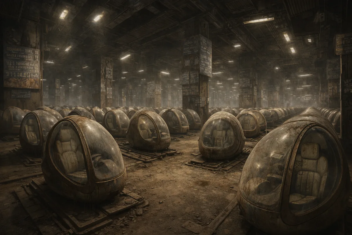 A hall of Skyseed pods under pillars layered with old script