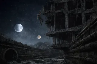 The Udhafa canals at night under the two moons, black water between ruined concrete towers.