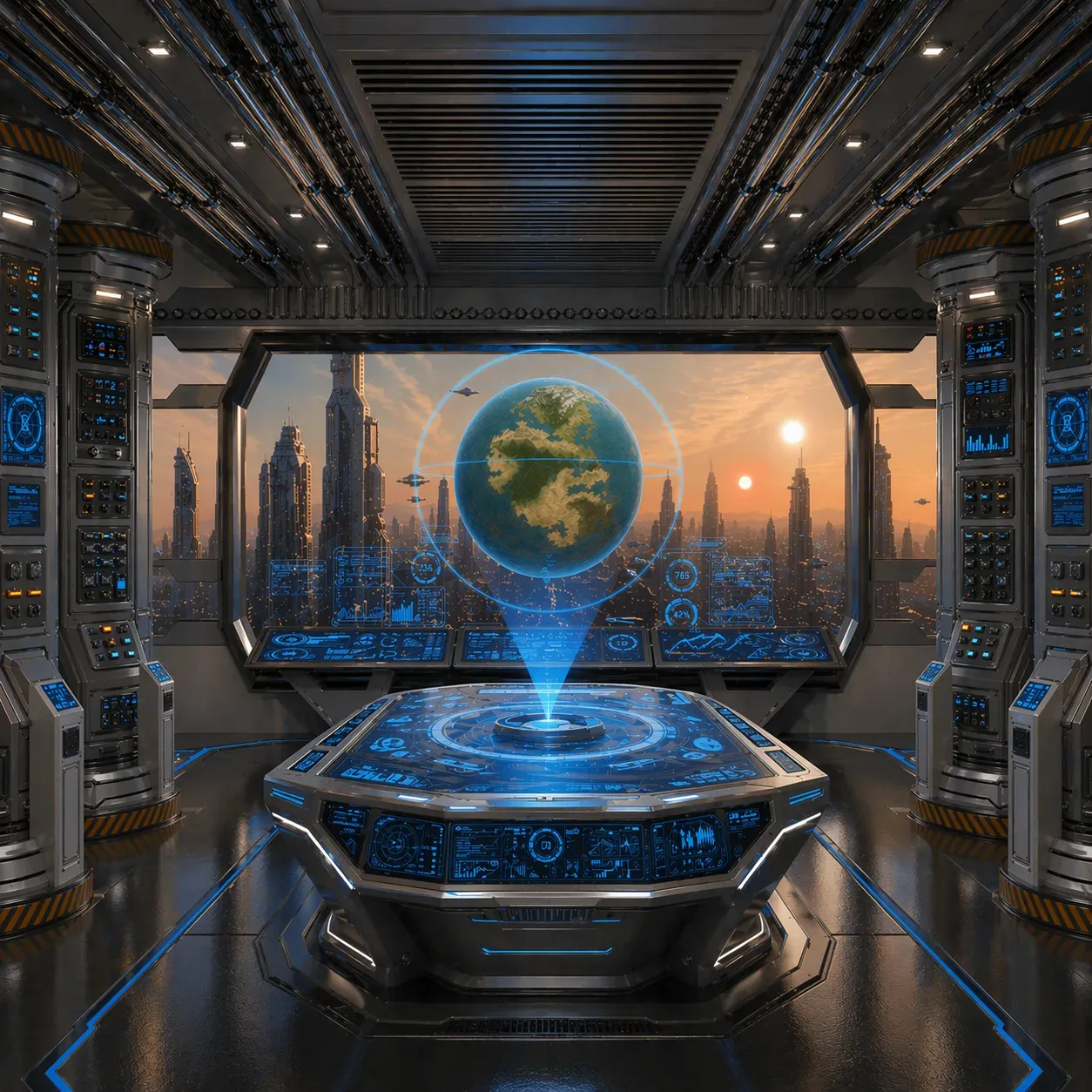 An ISEMH command room, a hologram of Elshore turning above the console